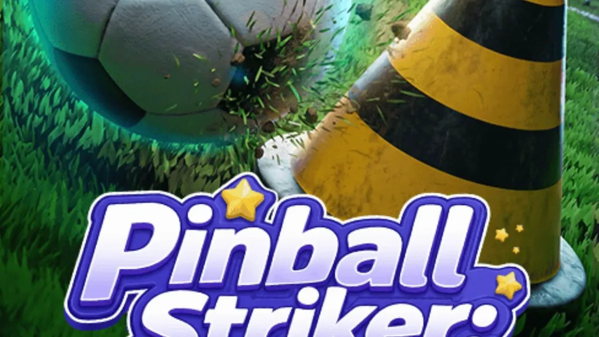 Tampilan antarmuka permainan Pinball Striker 20,000x dengan latar stadion neon.